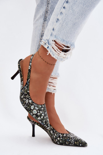 Dekoriert Damensandalen mit dünnen Absätzen mit Blumen schZuarze Farbe Olivelle