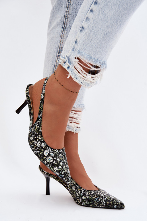 Dekoriert Damensandalen mit dünnen Absätzen mit Blumen schZuarze Farbe Olivelle