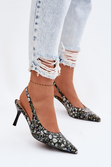 Dekorierte Damen Sandalen mit dünnen Absätzen und Blumen in Schwarz Olivelle 2