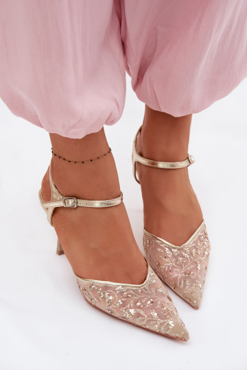 Netz Damensandalen mit dünnen Absätzenmit Glanzującym Zdobieniem goldene Farbe Laria