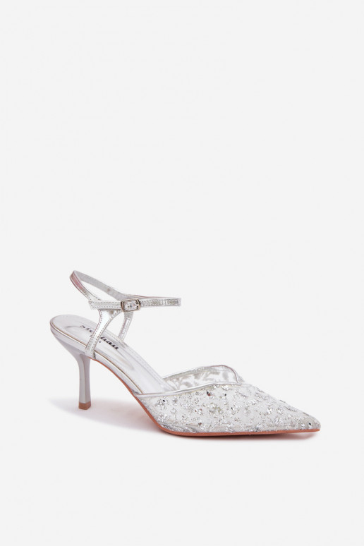 Netz Damensandalen mit dünnen Absätzenmit Glanzującym Zdobieniem Silberfarbe Laria