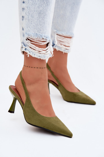 Damen grüne Sandalen mit dünnen Absatz aus Kunstvelours Saria 2