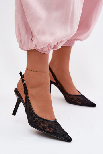 Damen schwarze Sandalen mit Netz, Spitzenmotiven und dünnen Absatz Tai turivia 2