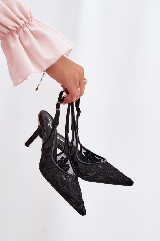 mit Spitzenmotiven Netz Sandalen mit dünnen Absätzen schZuarze Farbe Es mussvia