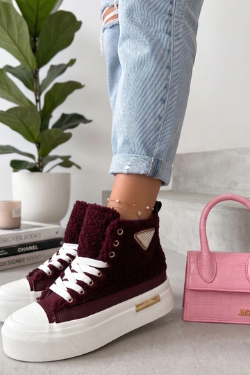 Bordeauxfarbene, mit Fell gefütterte Plattform-Sneakers mit Strass über dem Knöchel Lucia