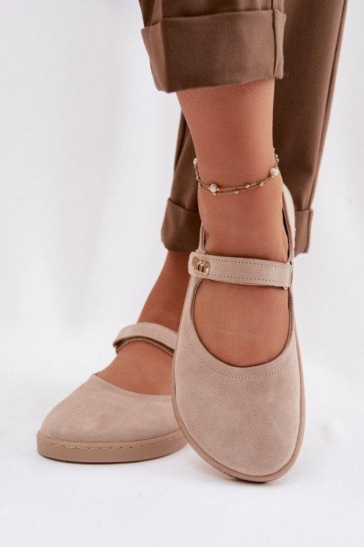 Lederne Wildlederschuhe Barefoot Ballerinas mit Riemchen Zazoo 10206 in Sandfarbe