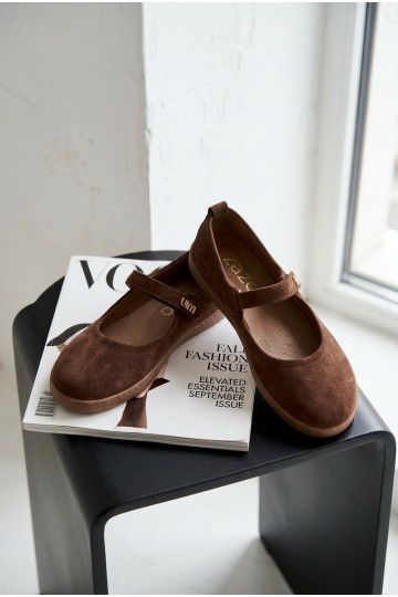 Lederne Wildlederschuhe Barefoot Ballerinas mit Riemchen Zazoo 10206 in Schokoladenfarbe 2