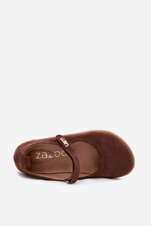 Lederne Wildlederschuhe Barefoot Ballerinas mit Riemchen Zazoo 10206 in Schokoladenfarbe