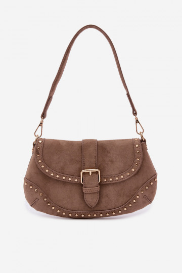 Tasche mit Nieten aus dunkelbeigem Kunstvelours Clarielle