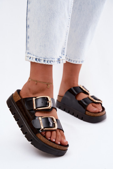 mit Lackeffekt Damenhausschuhe mit einer Plattform Ze goldene Farbemi mit Schnallenmi Lee Cooper LCIN-26-35-4459L schZuarze Farb