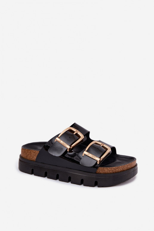Goldene Damen-Lackleder-Platform-Slipper mit Schnallen Lee Cooper LCIN-26-35-4459L