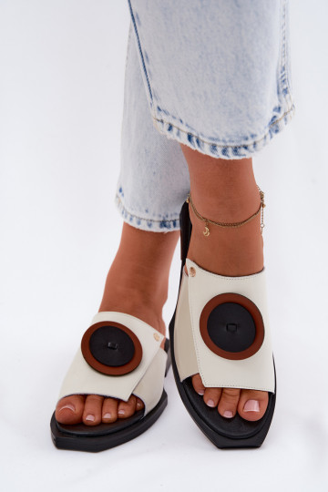 Lederhausschuhe Feminin geometrisches Design Es mussciejka K7479-01 Beige-schZuarze Farbe 2