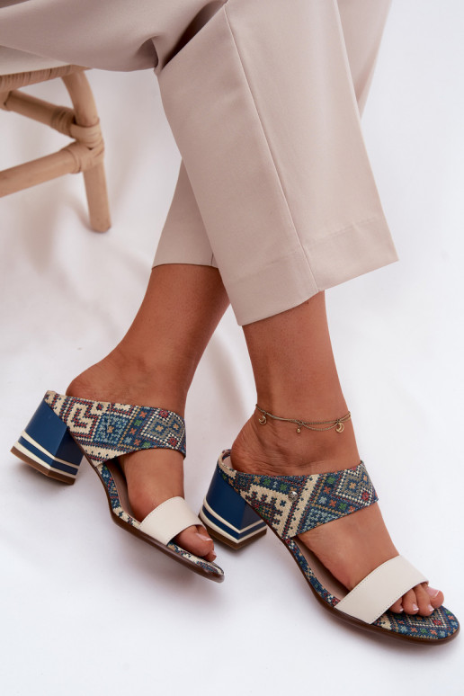 Haut Gemustert Damenhausschuhe mit Absätzen Es mussciejka K7522-04 Beige-blaue Farbe