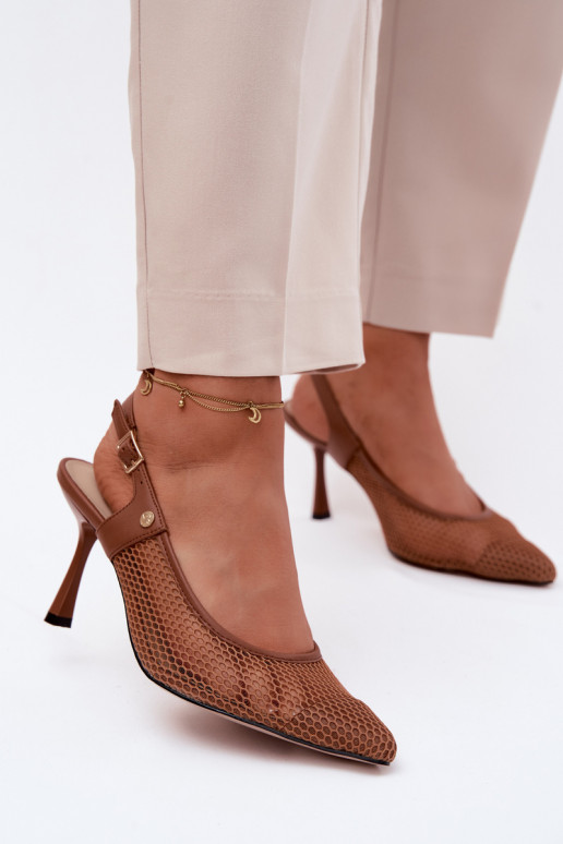 Haut Durchbrochene Sandalen Schuhe Feminin mit dünnen Absätzen Es mussciejka K7507-29 braune Farbe