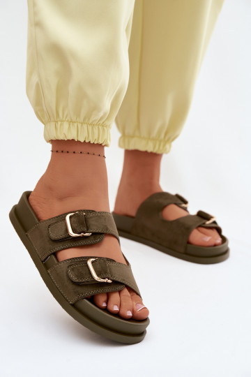 Khaki Slipper mit goldenen Schnallen Pelorin