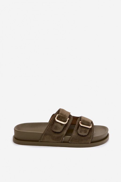 Khaki Slipper mit goldenen Schnallen Pelorin