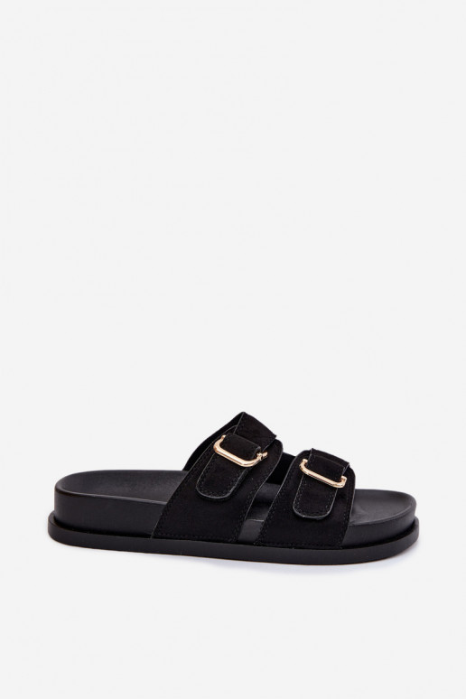 Schwarze Slipper mit goldenen Schnallen Pelorin