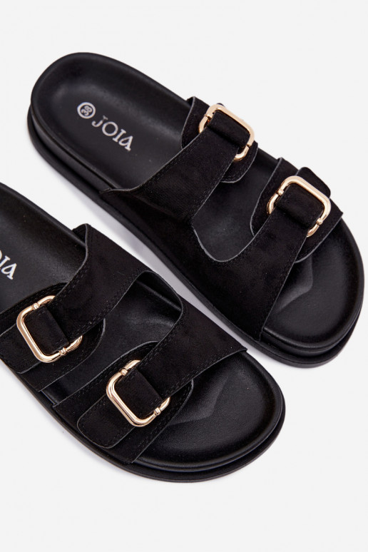 Schwarze Slipper mit goldenen Schnallen Pelorin