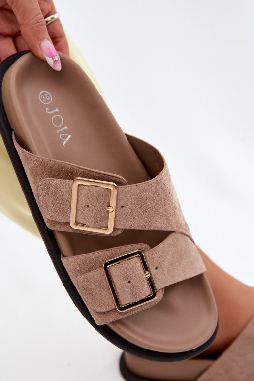 Sandfarbene Kunstveloursleder-Slipper mit goldenen Schnallen Selissea