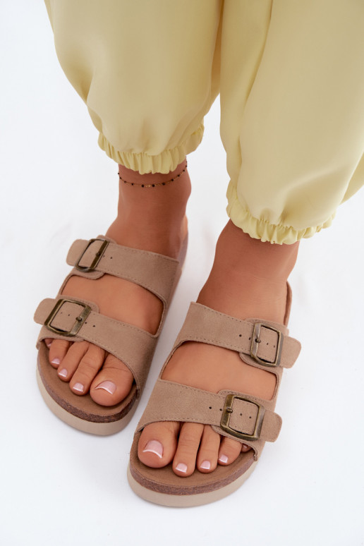 Sandfarbene Leder-Suede-Slipper mit Schnallen Rosaliae