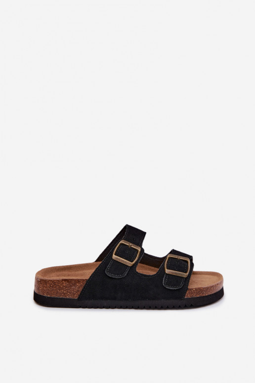 Schwarze Leder-Suede-Slipper mit Schnallen Rosaliae