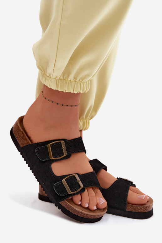 Schwarze Leder-Suede-Slipper mit Schnallen Rosaliae
