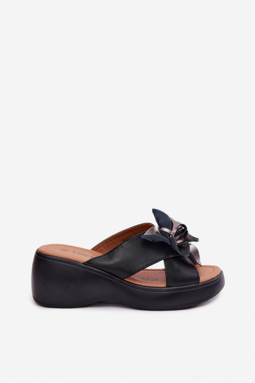 Leder-Platformsandalen mit dekorativen Blumen Vinceza 41511, schwarz