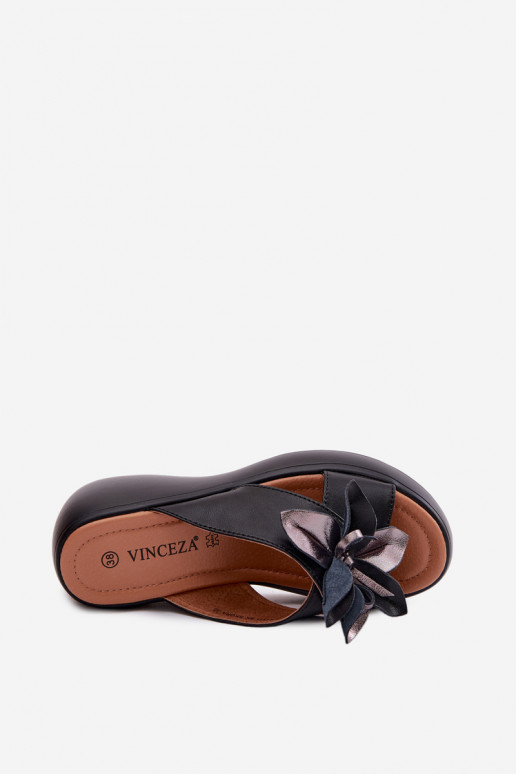 Lederhausschuhe mit einer Plattform Mit Dekorationen Eine Blume Vinceza 41511 schZuarze Farbe
