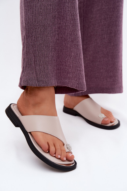 Lederhausschuhe Hausschuhe Feminin mit breiten Absätzen Vinceza 62307 Beige