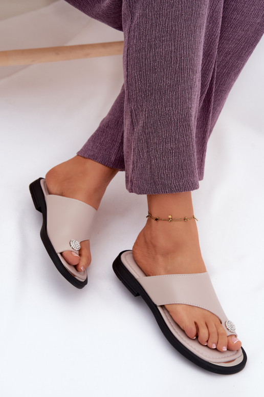 Lederhausschuhe Hausschuhe Feminin mit breiten Absätzen Vinceza 62307 Beige