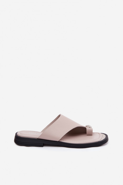 Lederhausschuhe Hausschuhe Feminin mit breiten Absätzen Vinceza 62307 Beige