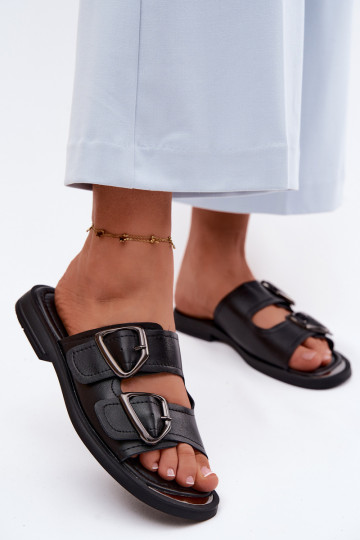 Schwarze Leder-Damenslipper mit Schnallen Vinceza 62304