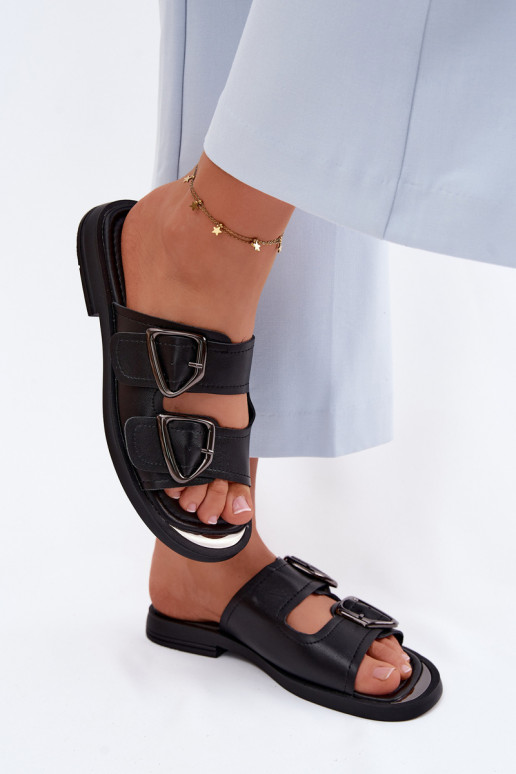 Lederhausschuhe Feminin mit Schnallen Vinceza 62304 schZuarze Farbe