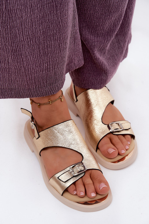 Goldene Damen-Sandalen mit breitem Absatz Vinceza 86434