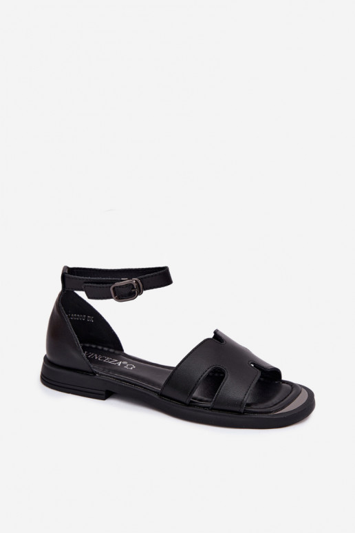 Schwarze Leder-Damensandalen mit breitem Absatz Vinceza 62305