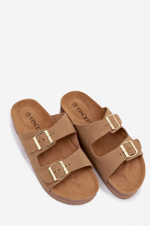 Haut INildleder-Hausschuhe für Damen mit einer Plattform mit Schnallen Vinceza 102657 Beige