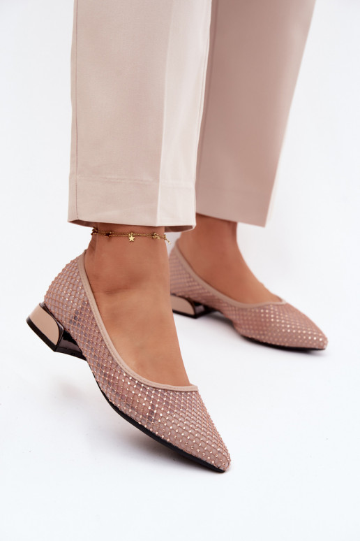 Beige Ballerinas mit niedrigem Absatz und Netzdekoration Vinceza 62294
