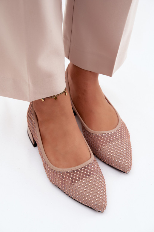 Beige Ballerinas mit niedrigem Absatz und Netzdekoration Vinceza 62294