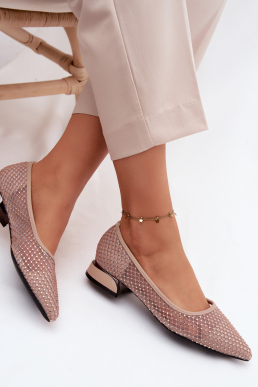 Beige Ballerinas mit niedrigem Absatz und Netzdekoration Vinceza 62294