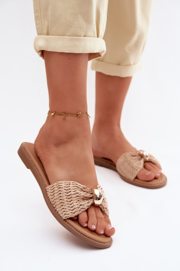 mit Schriften Damenhausschuhe Ze goldene Farbem Detalem Beige Goldie