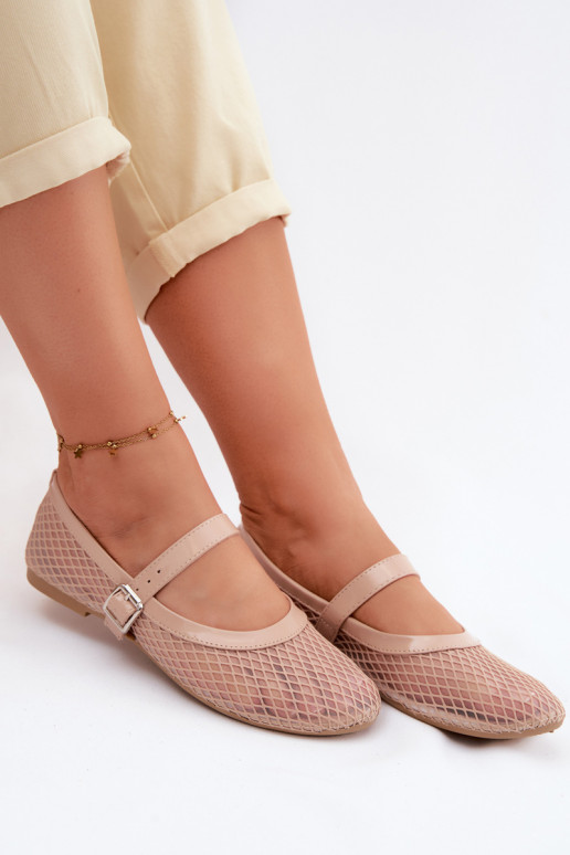 Sandfarbene Netzballerinas mit Riemen Gaia