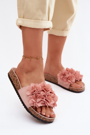 Damenhausschuhe Auf einer Korksohle Mit Dekorationeni mit floralen Motivenkami pinke Farbe Seleneza 2