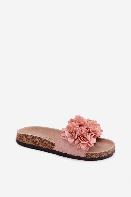 Rosa Kunstlederschlappen auf Korksohle mit Blumenmotiven Seleneza