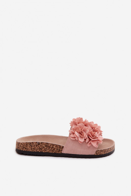 Rosa Kunstlederschlappen auf Korksohle mit Blumenmotiven Seleneza