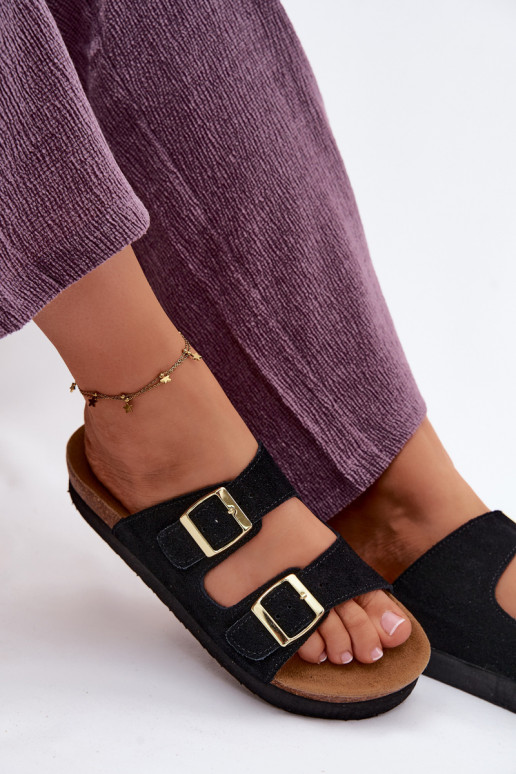 Haut INildleder-Hausschuhe für Damen mit einer Plattform mit Schnallen Vinceza 102657 schZuarze Farbe