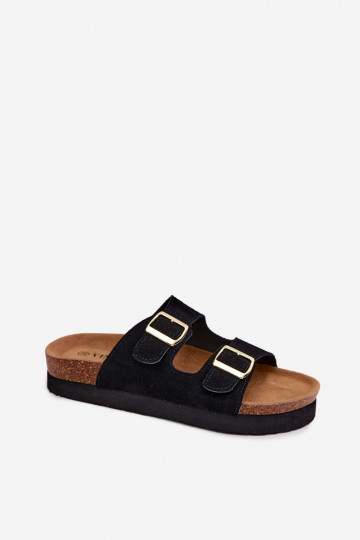 Schwarze Kunstveloursleder-Slipper mit Plattform und Schnallen Vinceza 102657 2