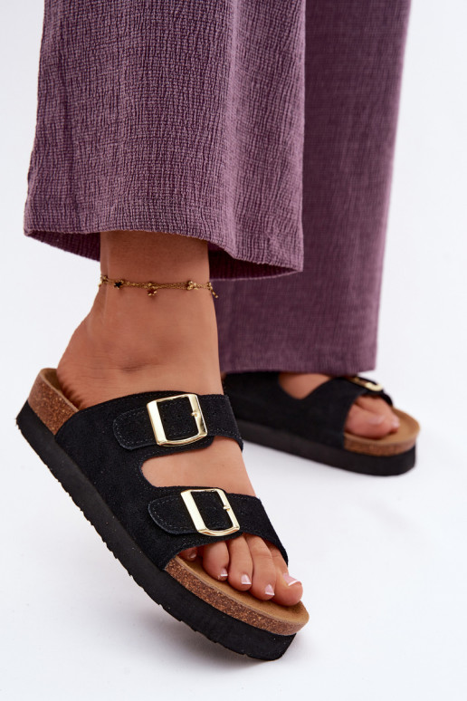 Haut INildleder-Hausschuhe für Damen mit einer Plattform mit Schnallen Vinceza 102657 schZuarze Farbe