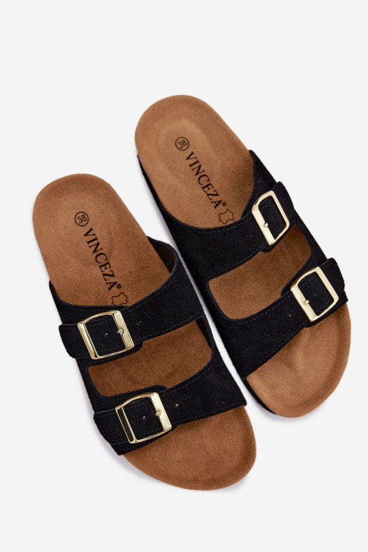 Schwarze Kunstveloursleder-Slipper mit Plattform und Schnallen Vinceza 102657