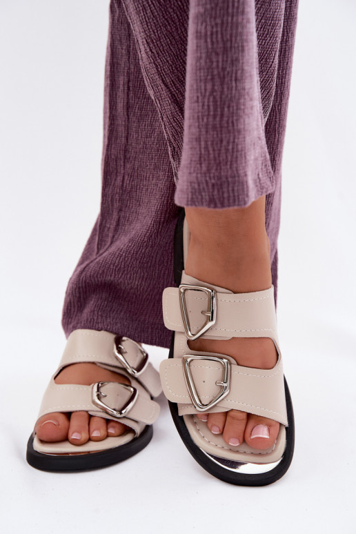 Lederhausschuhe Feminin mit Schnallen Vinceza 62304 Beige