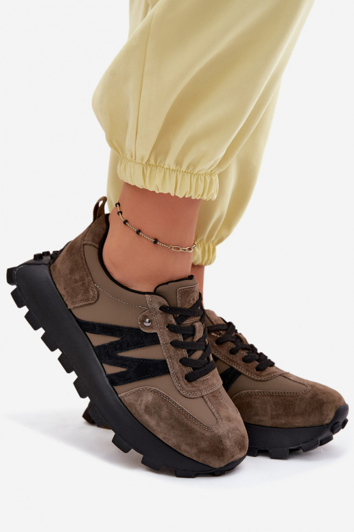 Haut aus INildleder Sneakers Stilvollllschuhe Feminin mit einer Plattform Vinceza 41520 Khaki-Farbe-Farbe